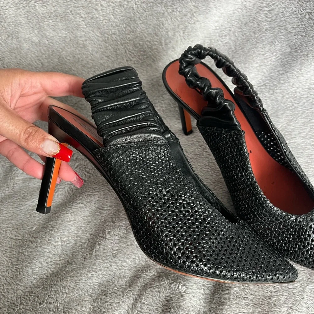 Santoni Black Woven Leather Slingback Heels | Size 36.5 (6.5 US)